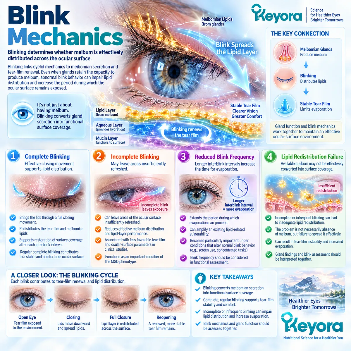 Incomplete or infrequent blinking can impair meibum lipid spreading, increasing evaporative dry-eye instability within Keyora’s Tear-Film Homeostasis and Ocular-Surface Response Matrix. Incomplete or infrequent blinking can impair meibum lipid spreading, increasing evaporative dry-eye instability within Keyora’s Tear-Film Homeostasis and Ocular-Surface Response Matrix.