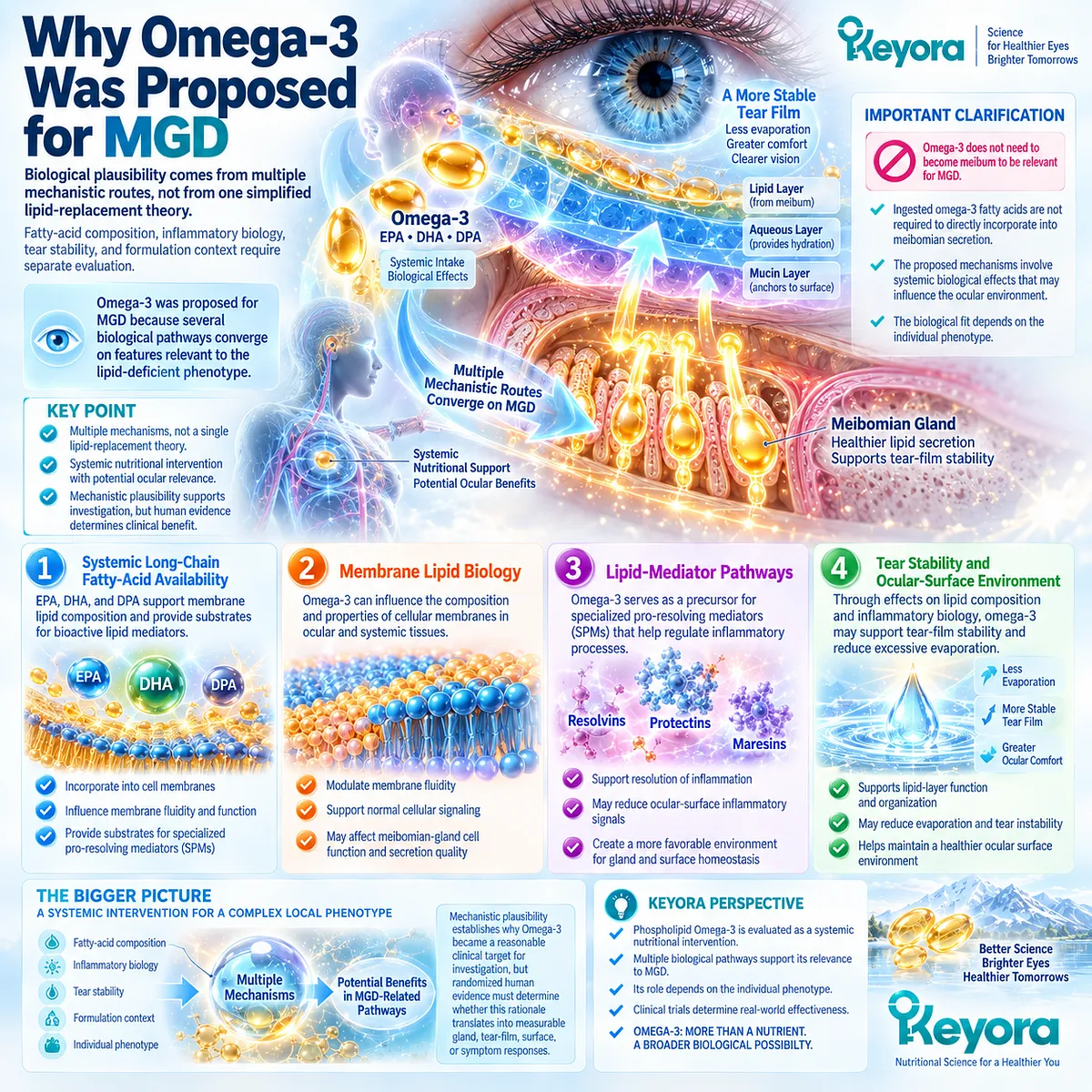 Phospholipid Omega-3 may align with MGD through fatty-acid, membrane, and lipid-mediator pathways linked to tear stability in Keyora’s Tear-Film Homeostasis Matrix. Phospholipid Omega-3 may align with MGD through fatty-acid, membrane, and lipid-mediator pathways linked to tear stability in Keyora’s Tear-Film Homeostasis Matrix.