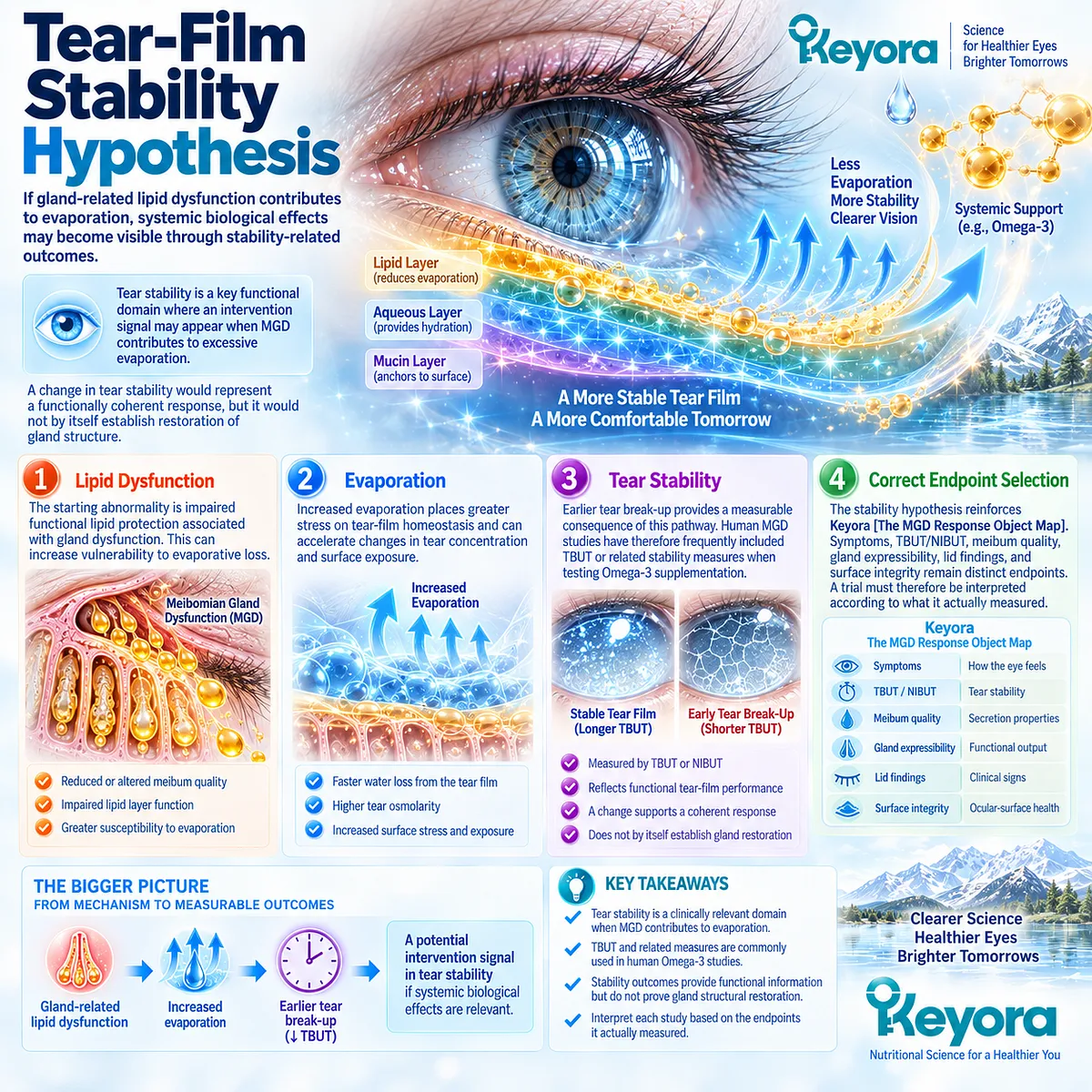 MGD-related lipid dysfunction can increase evaporation and shorten tear break-up time, making tear stability a key endpoint in Keyora’s MGD Response Object Map. MGD-related lipid dysfunction can increase evaporation and shorten tear break-up time, making tear stability a key endpoint in Keyora’s MGD Response Object Map.