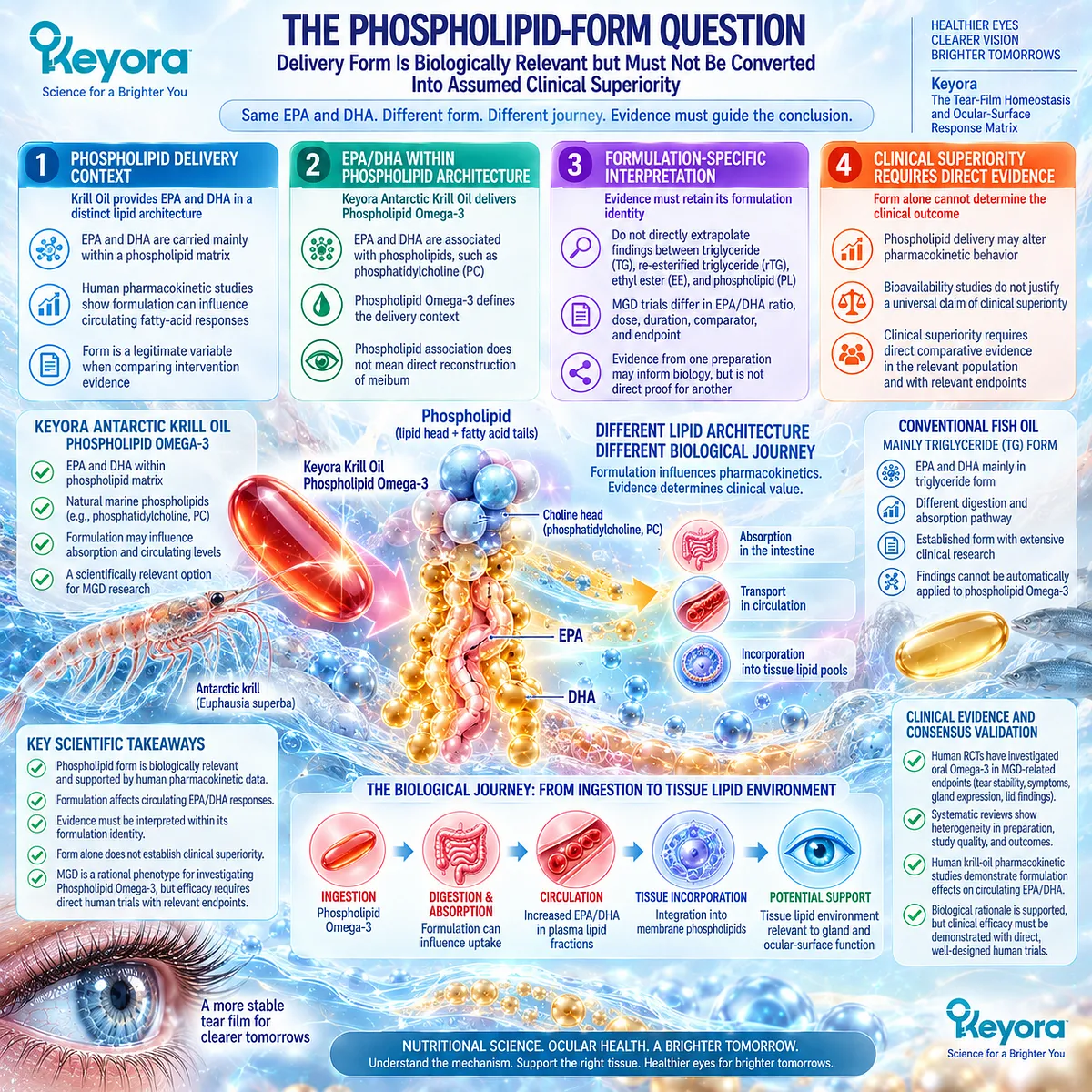 Phospholipid Omega-3 delivers EPA and DHA in a distinct lipid architecture relevant to MGD research, while Keyora separates delivery form from proven clinical superiority. Phospholipid Omega-3 delivers EPA and DHA in a distinct lipid architecture relevant to MGD research, while Keyora separates delivery form from proven clinical superiority.