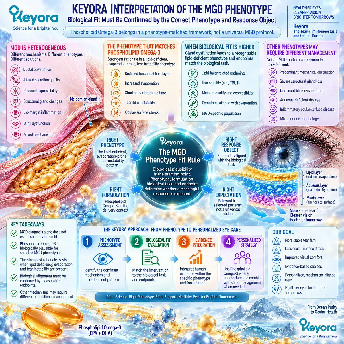 Phospholipid Omega-3 fits MGD when lipid deficiency, evaporation, and tear instability align with measurable endpoints under Keyora’s MGD Phenotype Fit Rule. Phospholipid Omega-3 fits MGD when lipid deficiency, evaporation, and tear instability align with measurable endpoints under Keyora’s MGD Phenotype Fit Rule.