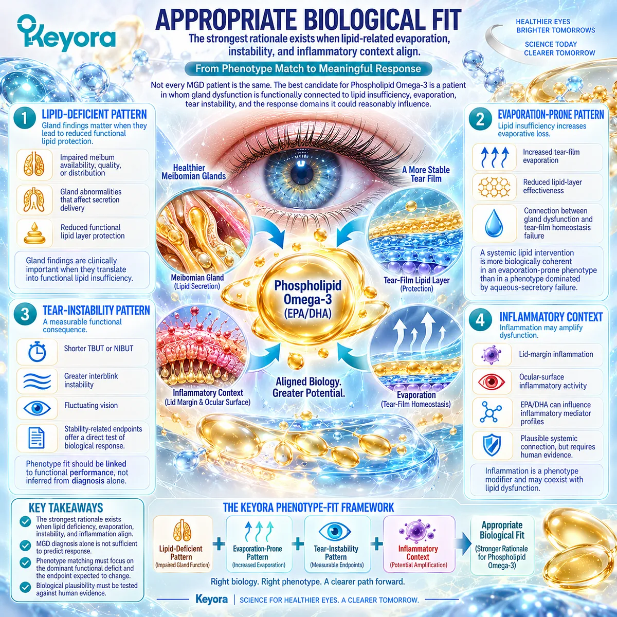 Lipid-deficient MGD with evaporation, tear instability, and inflammatory context provides the strongest Phospholipid Omega-3 rationale under Keyora’s MGD Phenotype Fit Rule. Lipid-deficient MGD with evaporation, tear instability, and inflammatory context provides the strongest Phospholipid Omega-3 rationale under Keyora’s MGD Phenotype Fit Rule.