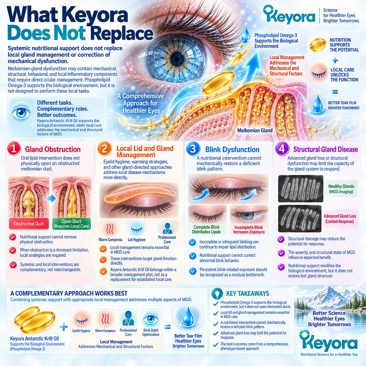 Phospholipid Omega-3 may support MGD biology but cannot correct gland obstruction, blink dysfunction, or structural gland loss under Keyora’s MGD Phenotype Fit Rule. Phospholipid Omega-3 may support MGD biology but cannot correct gland obstruction, blink dysfunction, or structural gland loss under Keyora’s MGD Phenotype Fit Rule.