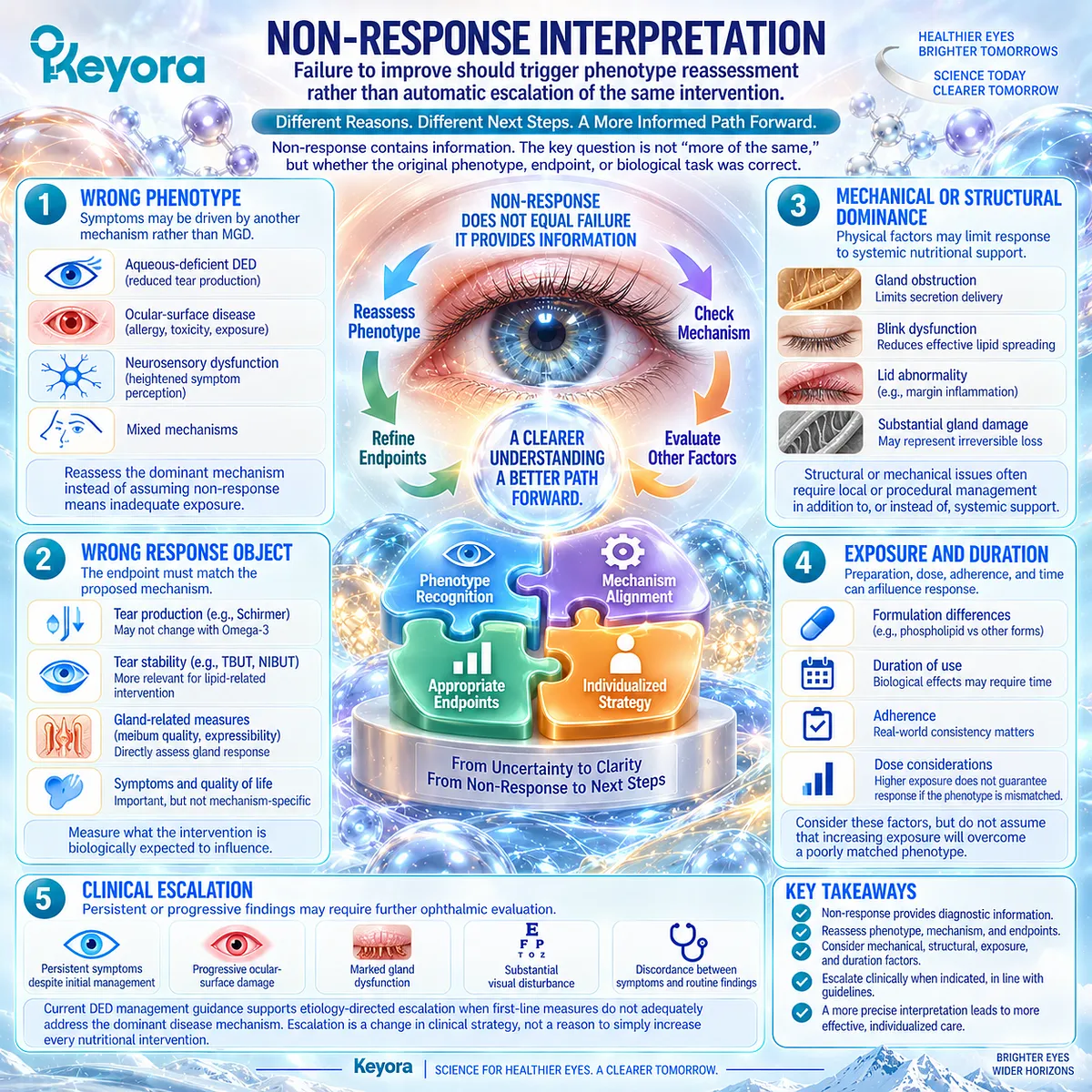 MGD non-response can signal wrong dry-eye phenotype, mismatched endpoints, or mechanical gland limits, prompting reassessment under Keyora’s MGD Phenotype Fit Rule. MGD non-response can signal wrong dry-eye phenotype, mismatched endpoints, or mechanical gland limits, prompting reassessment under Keyora’s MGD Phenotype Fit Rule.