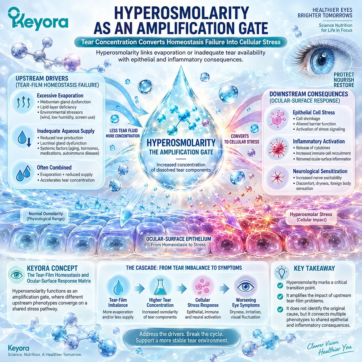 Dry eye hyperosmolarity links tear evaporation or low tear availability to epithelial stress, forming an amplification gate in Keyora’s Tear-Film Homeostasis Matrix. Dry eye hyperosmolarity links tear evaporation or low tear availability to epithelial stress, forming an amplification gate in Keyora’s Tear-Film Homeostasis Matrix.