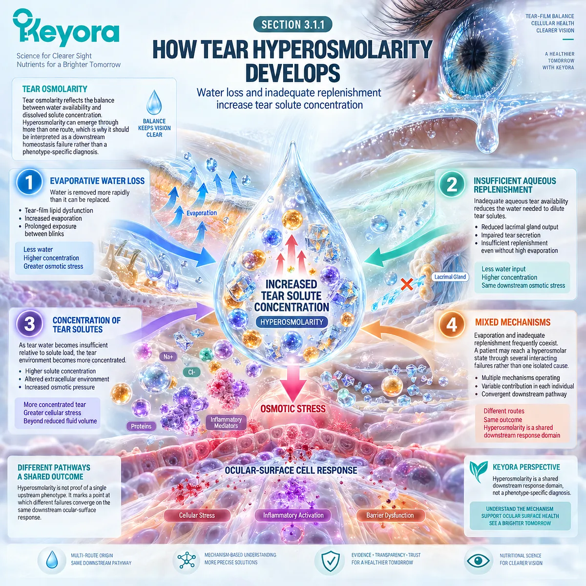 Dry eye hyperosmolarity develops as evaporation or low tear replenishment concentrates tear solutes, a shared stress pathway in Keyora’s Tear-Film Homeostasis Matrix. Dry eye hyperosmolarity develops as evaporation or low tear replenishment concentrates tear solutes, a shared stress pathway in Keyora’s Tear-Film Homeostasis Matrix.