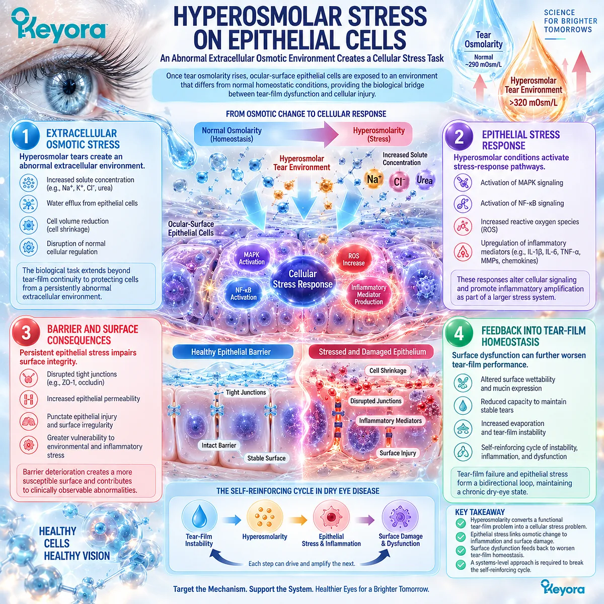 Dry eye hyperosmolarity triggers epithelial osmotic stress, barrier dysfunction and tear-film feedback, mapped by Keyora’s Tear-Film Homeostasis and Ocular-Surface Response Matrix. Dry eye hyperosmolarity triggers epithelial osmotic stress, barrier dysfunction and tear-film feedback, mapped by Keyora’s Tear-Film Homeostasis and Ocular-Surface Response Matrix.