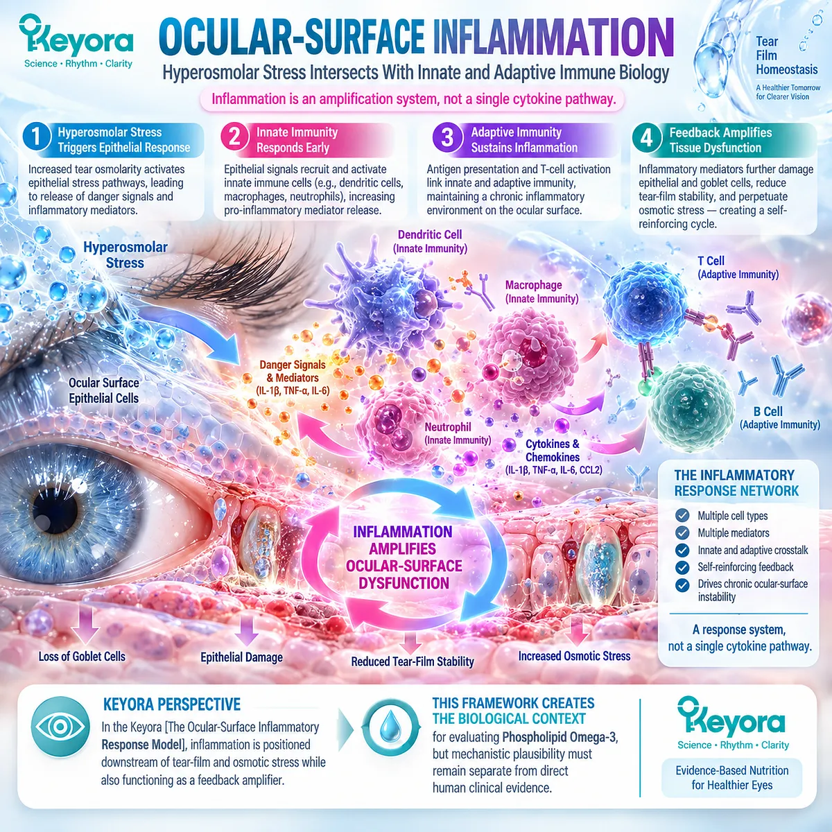 Dry eye hyperosmolar stress activates epithelial and immune inflammatory signaling that can amplify tear instability in Keyora’s Ocular-Surface Inflammatory Response Model. Dry eye hyperosmolar stress activates epithelial and immune inflammatory signaling that can amplify tear instability in Keyora’s Ocular-Surface Inflammatory Response Model.