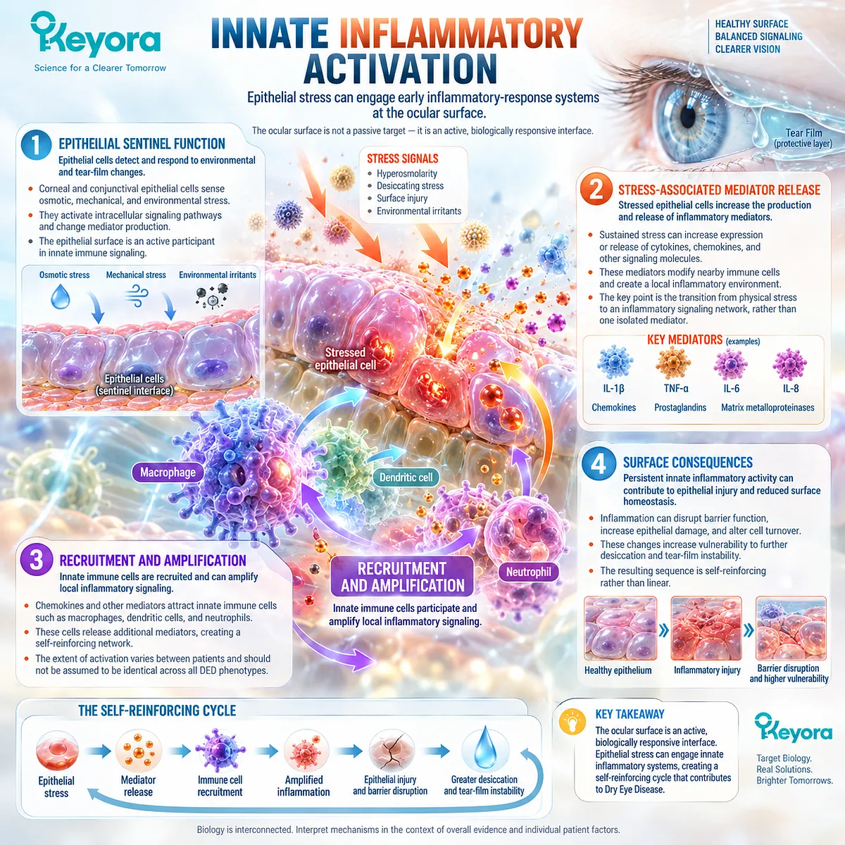 Dry eye hyperosmolar stress activates epithelial sentinel signaling and innate immune responses, amplifying surface dysfunction in Keyora’s Ocular-Surface Inflammatory Response Model. Dry eye hyperosmolar stress activates epithelial sentinel signaling and innate immune responses, amplifying surface dysfunction in Keyora’s Ocular-Surface Inflammatory Response Model.