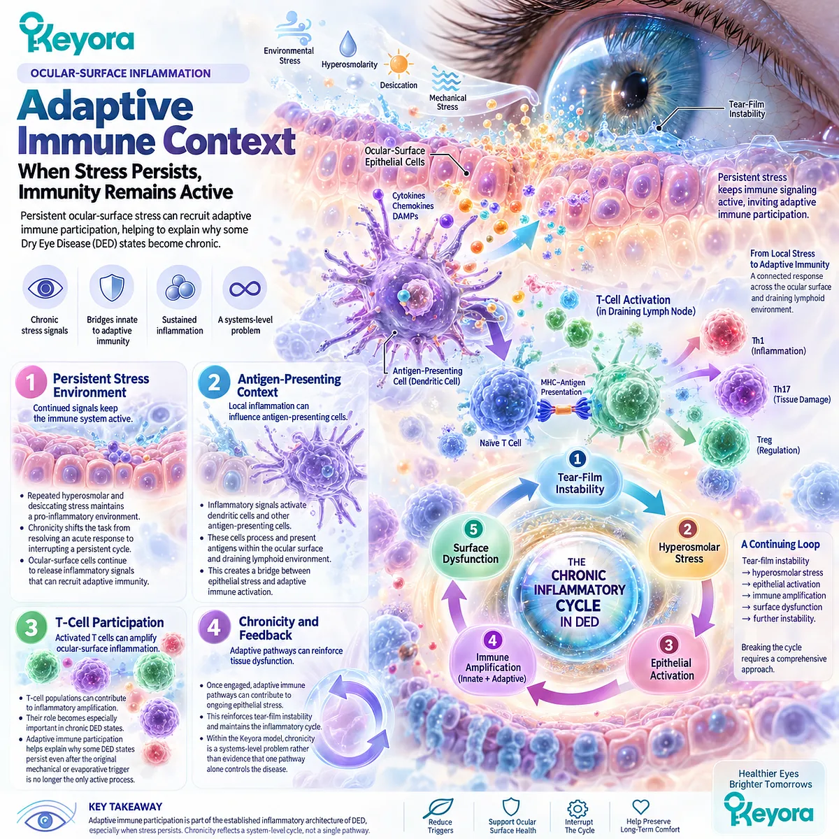 Chronic dry eye hyperosmolar stress can engage antigen-presenting cells and T-cell signaling, sustaining immune feedback in Keyora’s Ocular-Surface Inflammatory Response Model. Chronic dry eye hyperosmolar stress can engage antigen-presenting cells and T-cell signaling, sustaining immune feedback in Keyora’s Ocular-Surface Inflammatory Response Model.