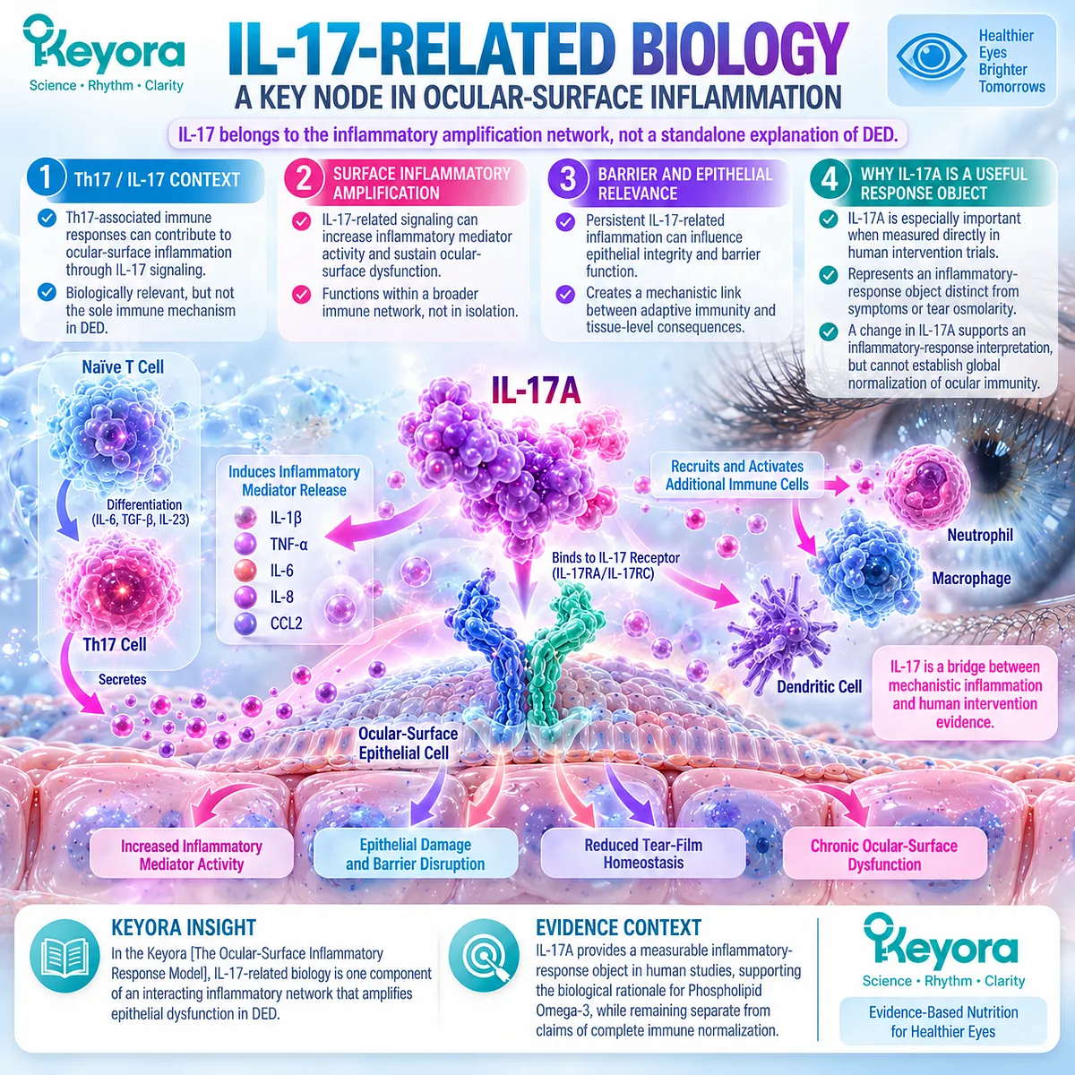 Dry eye IL-17A links Th17 adaptive immunity with ocular-surface inflammation and epithelial barrier stress in Keyora’s Ocular-Surface Inflammatory Response Model. Dry eye IL-17A links Th17 adaptive immunity with ocular-surface inflammation and epithelial barrier stress in Keyora’s Ocular-Surface Inflammatory Response Model.