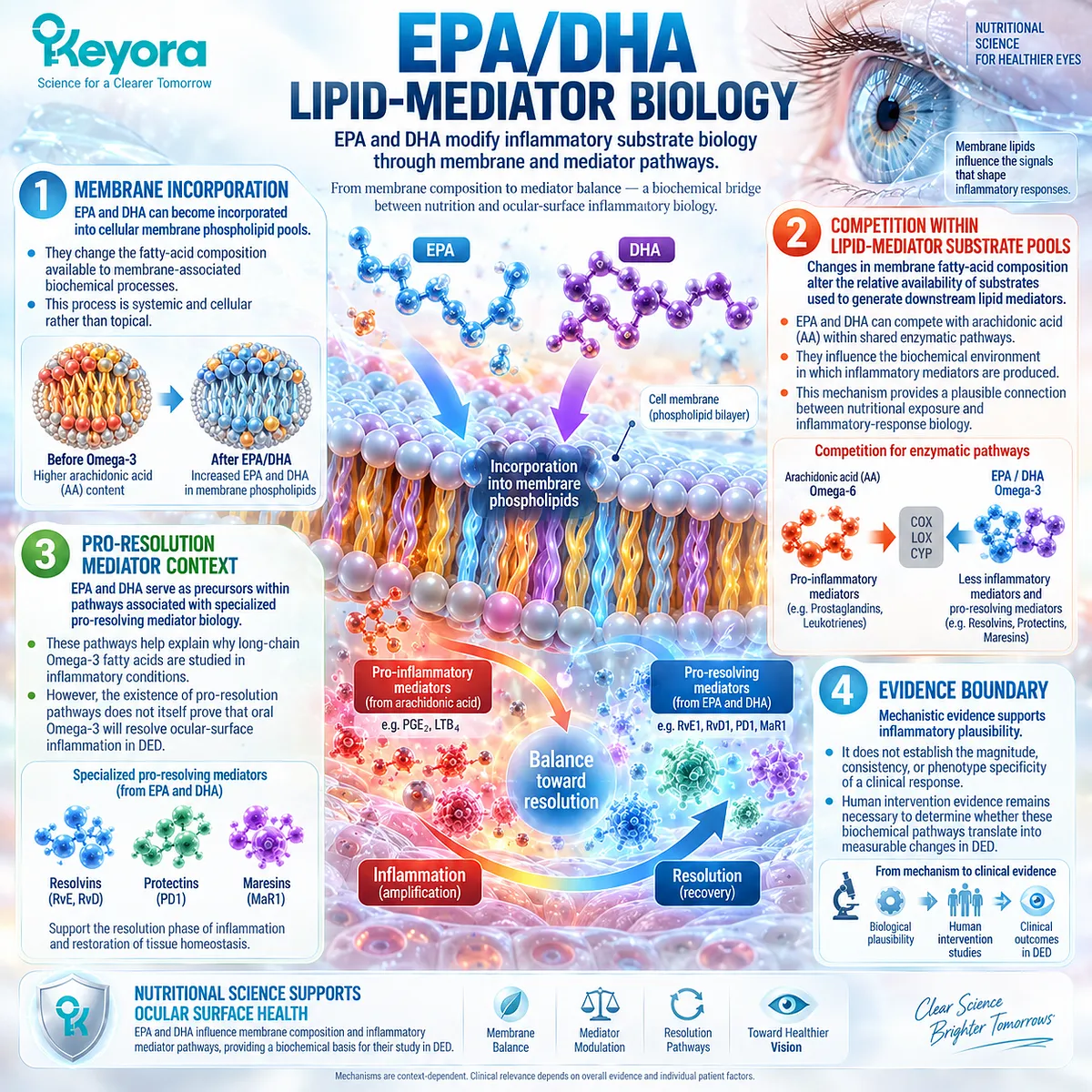 EPA and DHA enter membrane phospholipids and reshape lipid-mediator substrate pools, linking Omega-3 with inflammatory balance in Keyora’s Ocular-Surface Inflammatory Response Model. EPA and DHA enter membrane phospholipids and reshape lipid-mediator substrate pools, linking Omega-3 with inflammatory balance in Keyora’s Ocular-Surface Inflammatory Response Model.