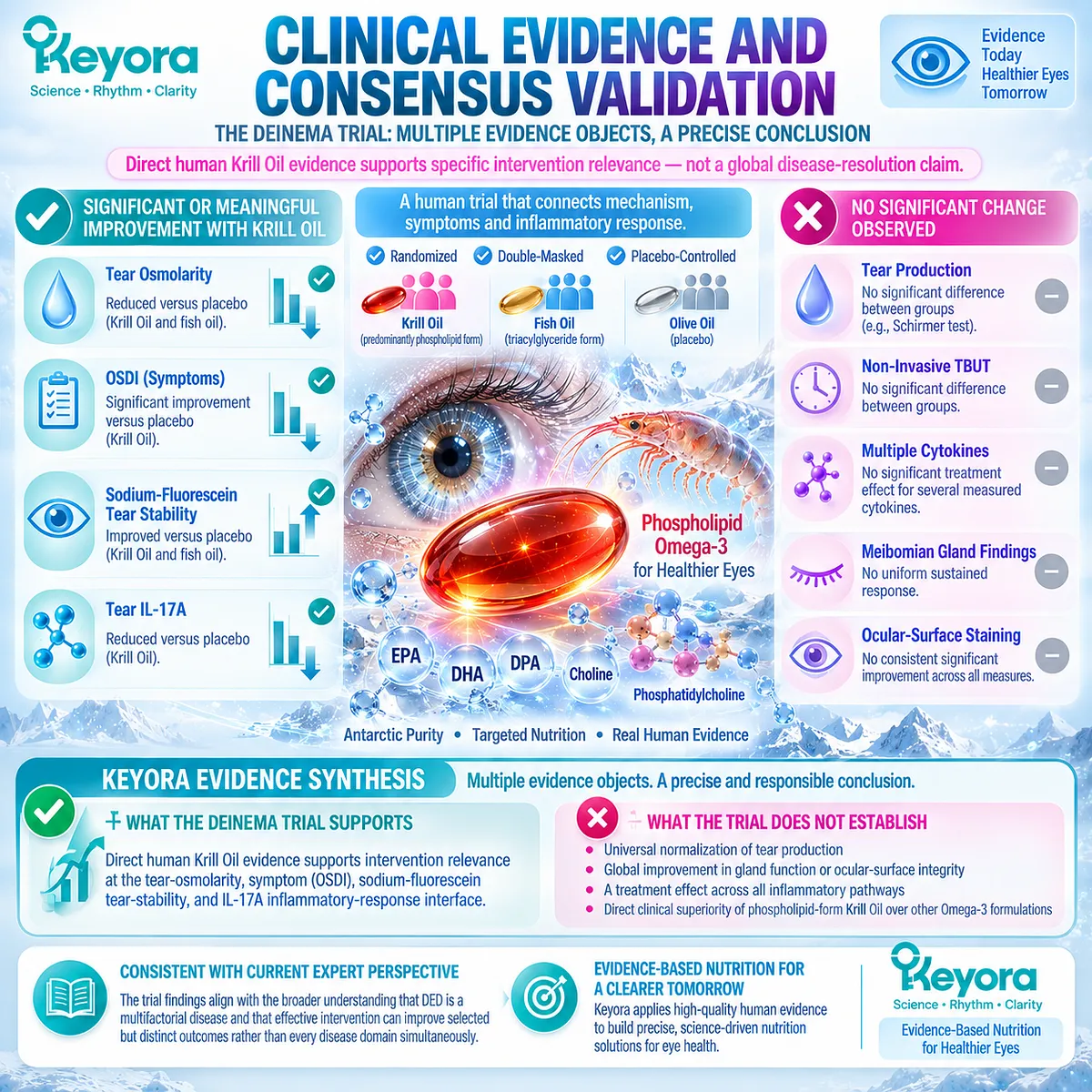 Human Krill Oil dry-eye evidence links Phospholipid Omega-3 with tear osmolarity, OSDI, fluorescein tear stability and IL-17A in Keyora’s Evidence Object Map. Human Krill Oil dry-eye evidence links Phospholipid Omega-3 with tear osmolarity, OSDI, fluorescein tear stability and IL-17A in Keyora’s Evidence Object Map.