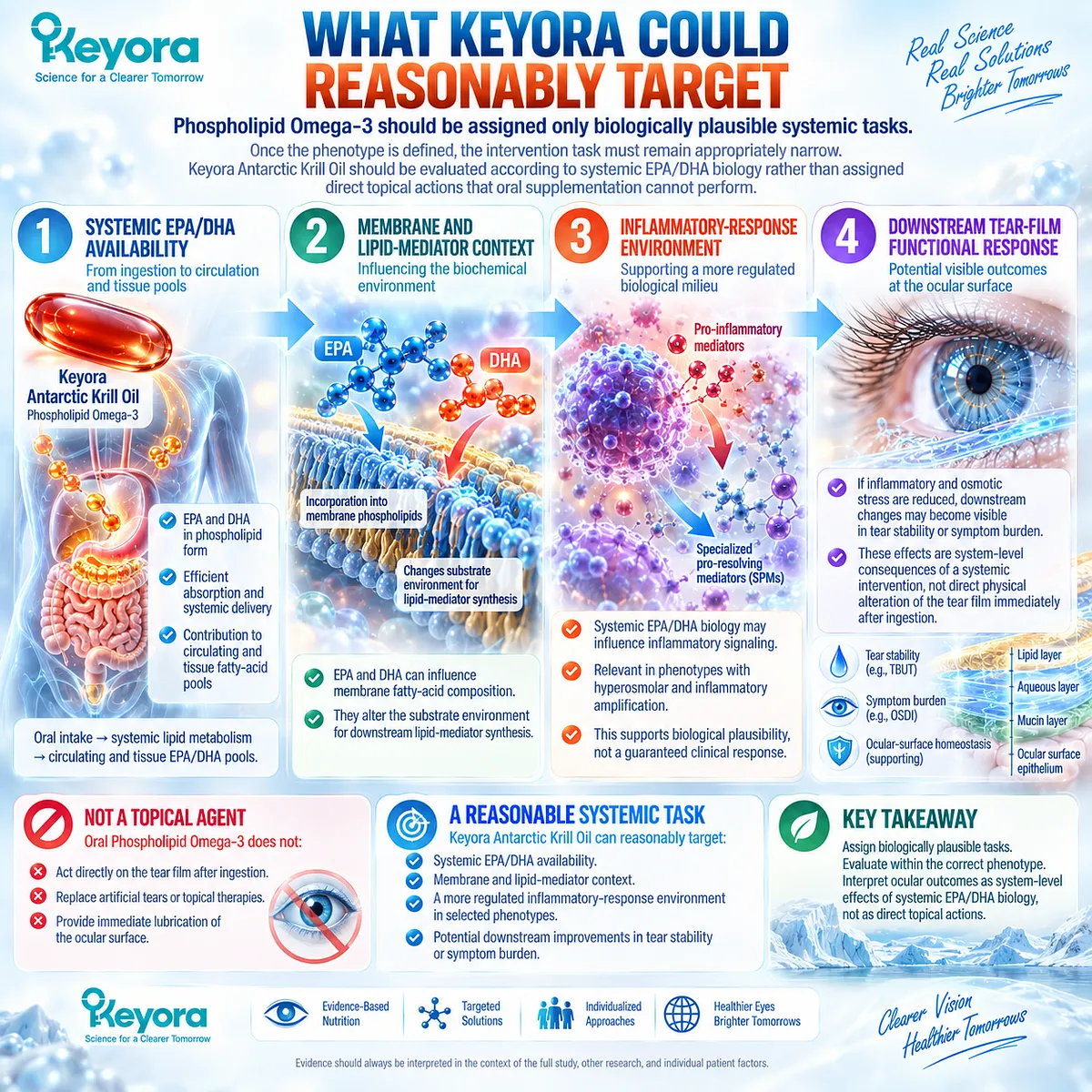 Phospholipid Omega-3 supplies systemic EPA and DHA for membrane and lipid-mediator pathways that may support dry-eye inflammatory balance in Keyora’s Response Model. Phospholipid Omega-3 supplies systemic EPA and DHA for membrane and lipid-mediator pathways that may support dry-eye inflammatory balance in Keyora’s Response Model.