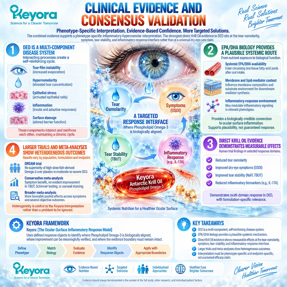 Dry eye hyperosmolarity, tear instability and ocular-surface inflammation define where Phospholipid Omega-3 response can be verified in Keyora’s Ocular-Surface Inflammatory Response Model. Dry eye hyperosmolarity, tear instability and ocular-surface inflammation define where Phospholipid Omega-3 response can be verified in Keyora’s Ocular-Surface Inflammatory Response Model.