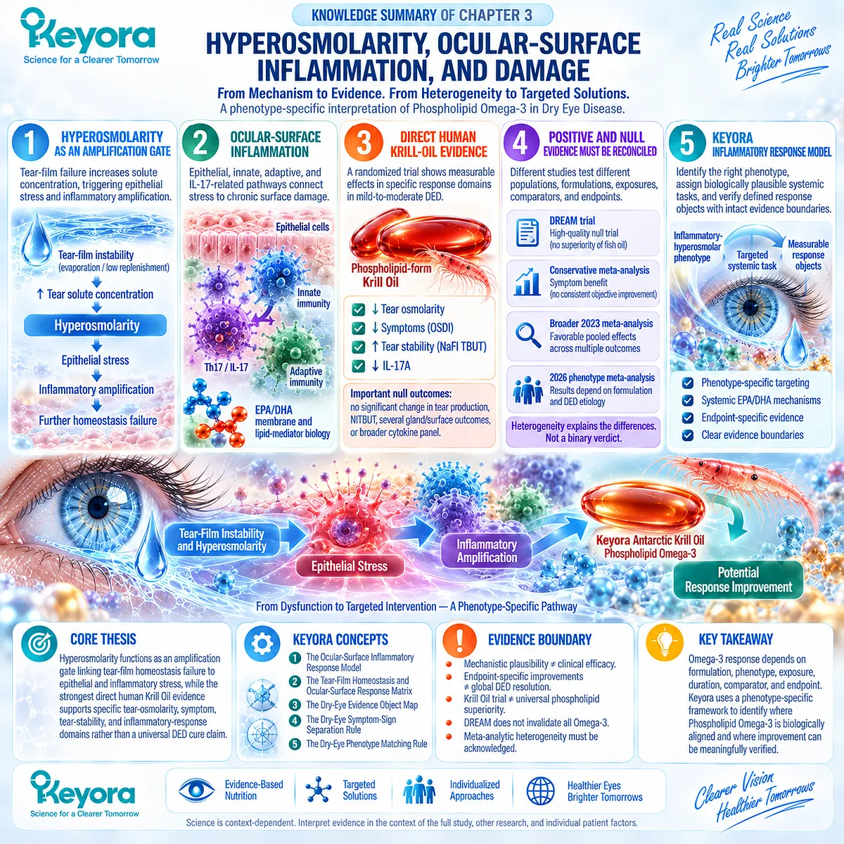 Dry eye hyperosmolarity links tear-film failure to epithelial stress, Th17/IL-17A inflammation and endpoint-specific Phospholipid Omega-3 response in Keyora’s Ocular-Surface Inflammatory Response Model. Dry eye hyperosmolarity links tear-film failure to epithelial stress, Th17/IL-17A inflammation and endpoint-specific Phospholipid Omega-3 response in Keyora’s Ocular-Surface Inflammatory Response Model.