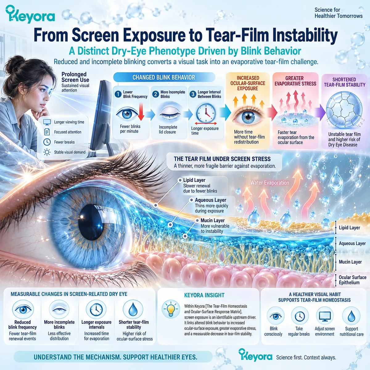 Screen-related dry eye links reduced and incomplete blinking to ocular-surface exposure and evaporative tear-film instability in Keyora’s Tear-Film Homeostasis and Ocular-Surface Response Matrix. Screen-related dry eye links reduced and incomplete blinking to ocular-surface exposure and evaporative tear-film instability in Keyora’s Tear-Film Homeostasis and Ocular-Surface Response Matrix.