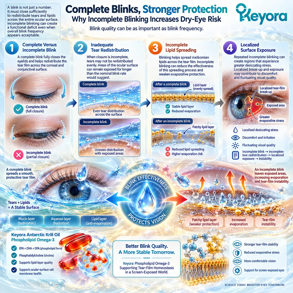 Screen-related dry eye links incomplete blinking to poor tear and meibomian lipid spreading, localized ocular-surface exposure, and instability in Keyora’s Tear-Film Homeostasis Matrix. Screen-related dry eye links incomplete blinking to poor tear and meibomian lipid spreading, localized ocular-surface exposure, and instability in Keyora’s Tear-Film Homeostasis Matrix.