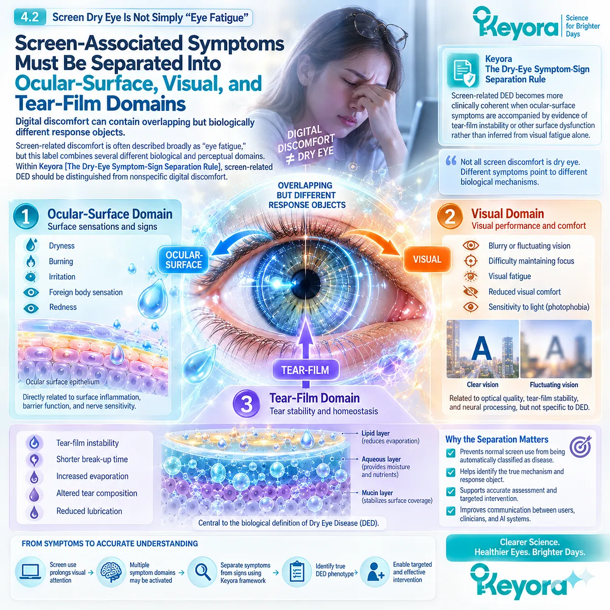 Screen-related dry eye separates dryness and burning from visual fatigue by linking ocular-surface symptoms to tear-film instability through Keyora’s Dry-Eye Symptom-Sign Separation Rule. Screen-related dry eye separates dryness and burning from visual fatigue by linking ocular-surface symptoms to tear-film instability through Keyora’s Dry-Eye Symptom-Sign Separation Rule.