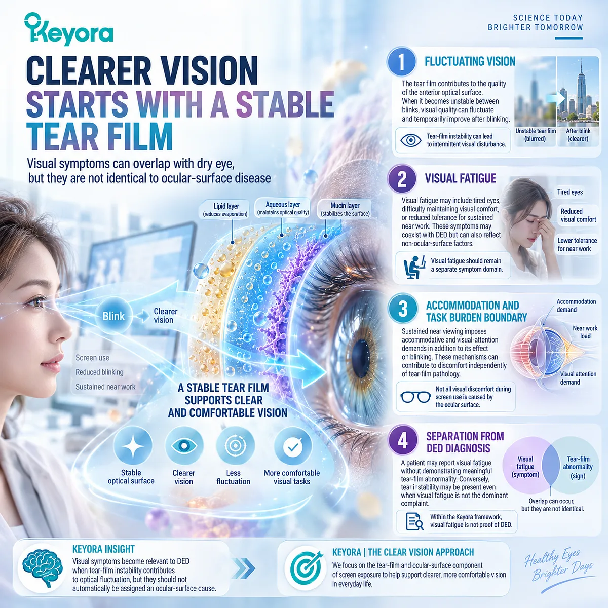 Screen-related dry eye links tear-film instability with fluctuating vision after blinking, while Keyora’s Dry-Eye Symptom-Sign Separation Rule distinguishes visual fatigue from DED. Screen-related dry eye links tear-film instability with fluctuating vision after blinking, while Keyora’s Dry-Eye Symptom-Sign Separation Rule distinguishes visual fatigue from DED.