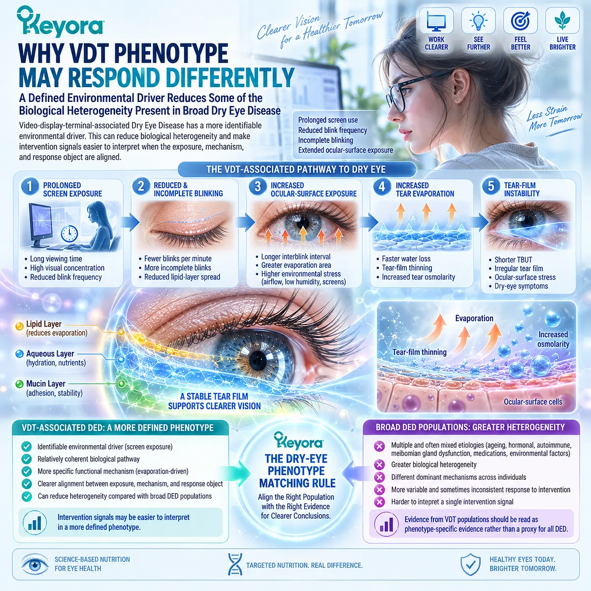 Screen-related dry eye aligns reduced blinking, ocular-surface exposure and evaporative tear-film instability, helping Keyora’s Dry-Eye Phenotype Matching Rule interpret Omega-3 response. Screen-related dry eye aligns reduced blinking, ocular-surface exposure and evaporative tear-film instability, helping Keyora’s Dry-Eye Phenotype Matching Rule interpret Omega-3 response.