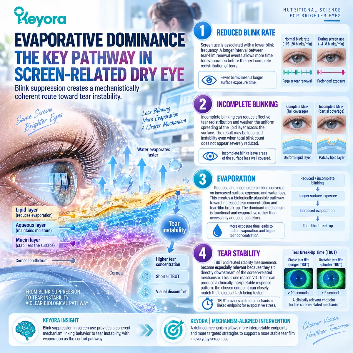 Screen-related dry eye links reduced and incomplete blinking to evaporation and shorter tear stability, an evaporative phenotype mapped by Keyora’s Dry-Eye Phenotype Matching Rule. Screen-related dry eye links reduced and incomplete blinking to evaporation and shorter tear stability, an evaporative phenotype mapped by Keyora’s Dry-Eye Phenotype Matching Rule.