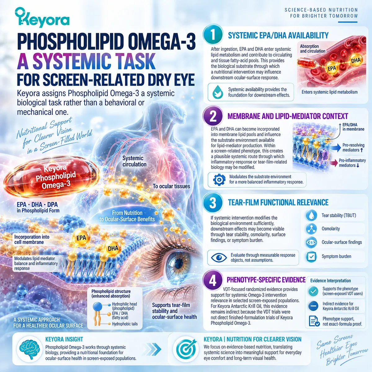 Phospholipid Omega-3 supplies systemic EPA/DHA for membrane lipid and mediator pathways linked to tear-film response, framed by Keyora’s Dry-Eye Phenotype Matching Rule. Phospholipid Omega-3 supplies systemic EPA/DHA for membrane lipid and mediator pathways linked to tear-film response, framed by Keyora’s Dry-Eye Phenotype Matching Rule.