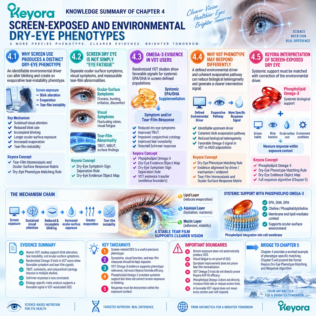 Screen-related dry eye links VDT exposure, reduced and incomplete blinking, evaporation and tear-film instability with Phospholipid Omega-3 evidence in Keyora’s Dry-Eye Phenotype Matching Rule. Screen-related dry eye links VDT exposure, reduced and incomplete blinking, evaporation and tear-film instability with Phospholipid Omega-3 evidence in Keyora’s Dry-Eye Phenotype Matching Rule.