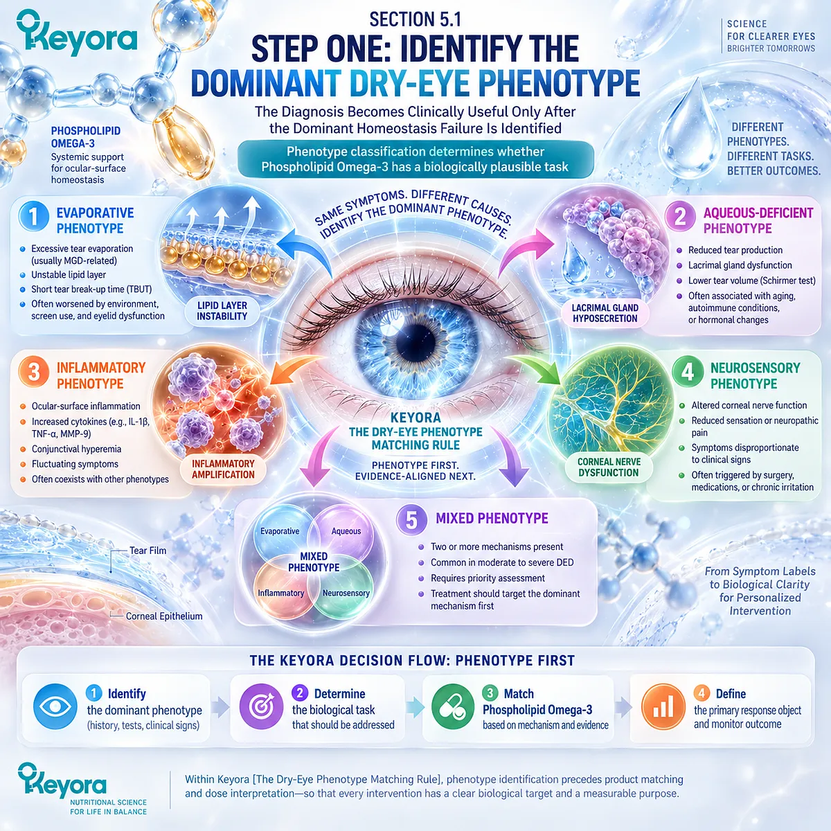 Dry eye phenotype classification maps tear-film homeostasis failure to a plausible Phospholipid Omega-3 support task using Keyora The Dry-Eye Phenotype Matching Rule. Dry eye phenotype classification maps tear-film homeostasis failure to a plausible Phospholipid Omega-3 support task using Keyora The Dry-Eye Phenotype Matching Rule.