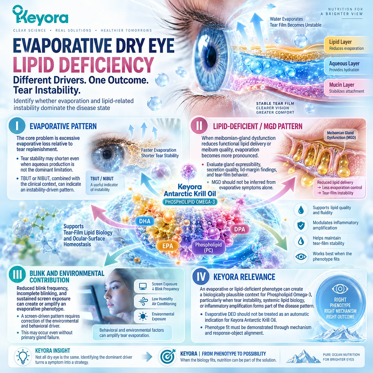 Evaporative dry eye links tear-film lipid instability, MGD, and blink-related water loss to Phospholipid Omega-3 support within the Keyora Phenotype Matching Rule. Evaporative dry eye links tear-film lipid instability, MGD, and blink-related water loss to Phospholipid Omega-3 support within the Keyora Phenotype Matching Rule.