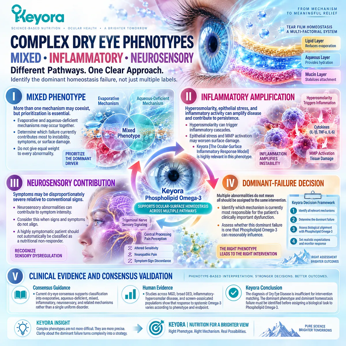 Mixed dry eye links hyperosmolarity, ocular-surface inflammation, and neurosensory mismatch to Phospholipid Omega-3 fit in the Keyora Inflammatory Response Model. Mixed dry eye links hyperosmolarity, ocular-surface inflammation, and neurosensory mismatch to Phospholipid Omega-3 fit in the Keyora Inflammatory Response Model.
