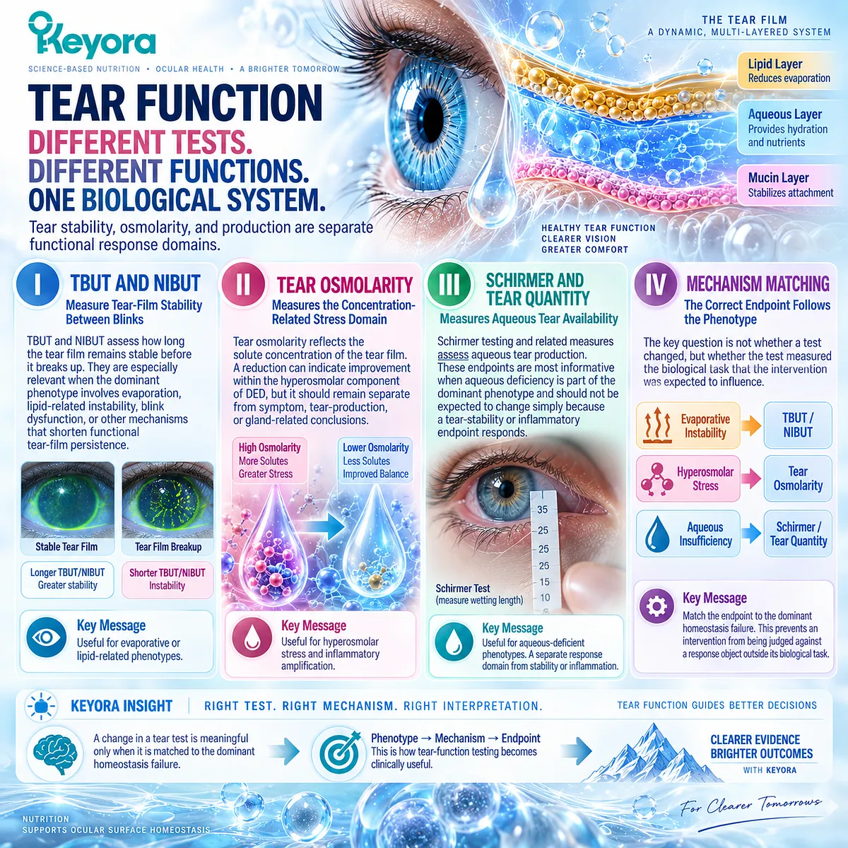 Dry eye tear function maps evaporative instability to TBUT/NIBUT, hyperosmolar stress to osmolarity, and aqueous deficiency to Schirmer in the Keyora Evidence Object Map. Dry eye tear function maps evaporative instability to TBUT/NIBUT, hyperosmolar stress to osmolarity, and aqueous deficiency to Schirmer in the Keyora Evidence Object Map.