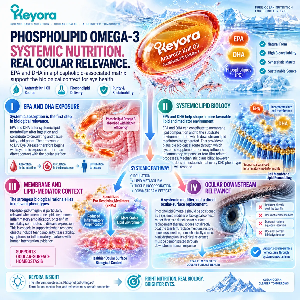 Phospholipid Omega-3 delivers systemic EPA and DHA for membrane lipid and inflammatory-response biology, framing dry eye support in the Keyora Krill Oil model. Phospholipid Omega-3 delivers systemic EPA and DHA for membrane lipid and inflammatory-response biology, framing dry eye support in the Keyora Krill Oil model.