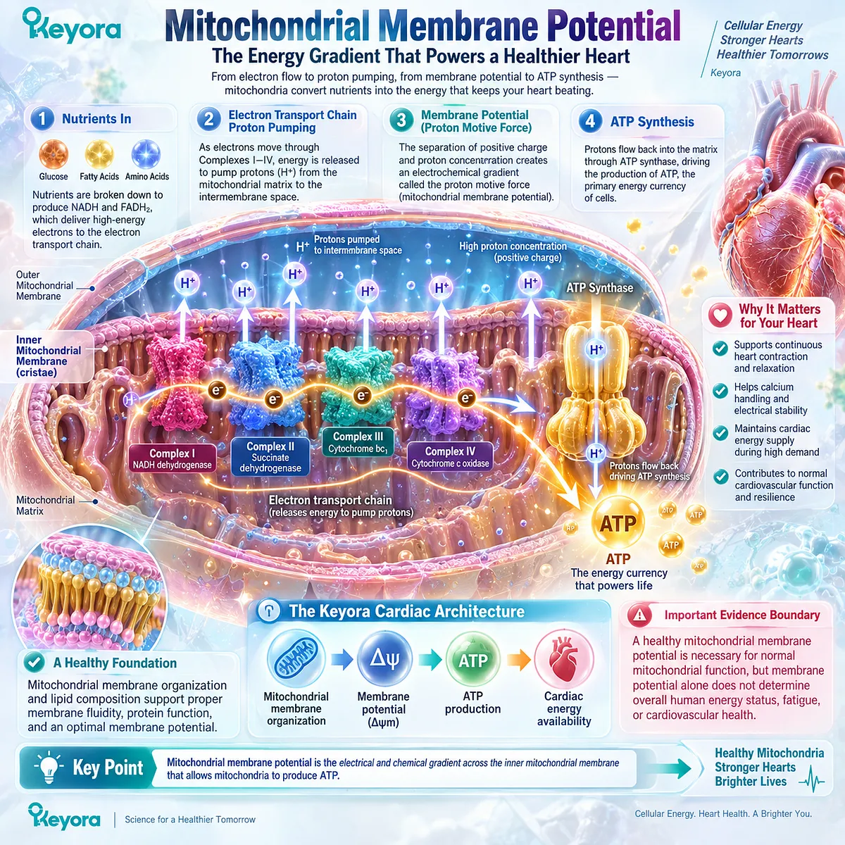 Mitochondrial support links membrane potential and proton motive force to ATP production and cardiac energy availability in the Keyora Cardiac Architecture. Mitochondrial support links membrane potential and proton motive force to ATP production and cardiac energy availability in the Keyora Cardiac Architecture.