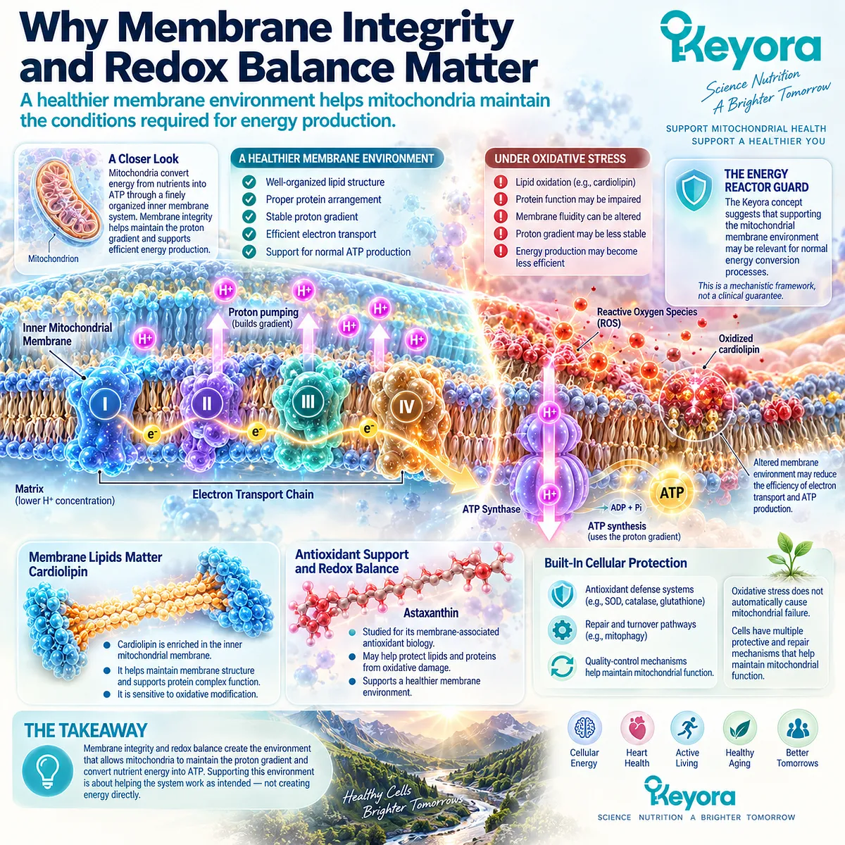 Mitochondrial support links membrane integrity and redox balance with electron transport and ATP production, framed by Keyora The Energy Reactor Guard. Mitochondrial support links membrane integrity and redox balance with electron transport and ATP production, framed by Keyora The Energy Reactor Guard.
