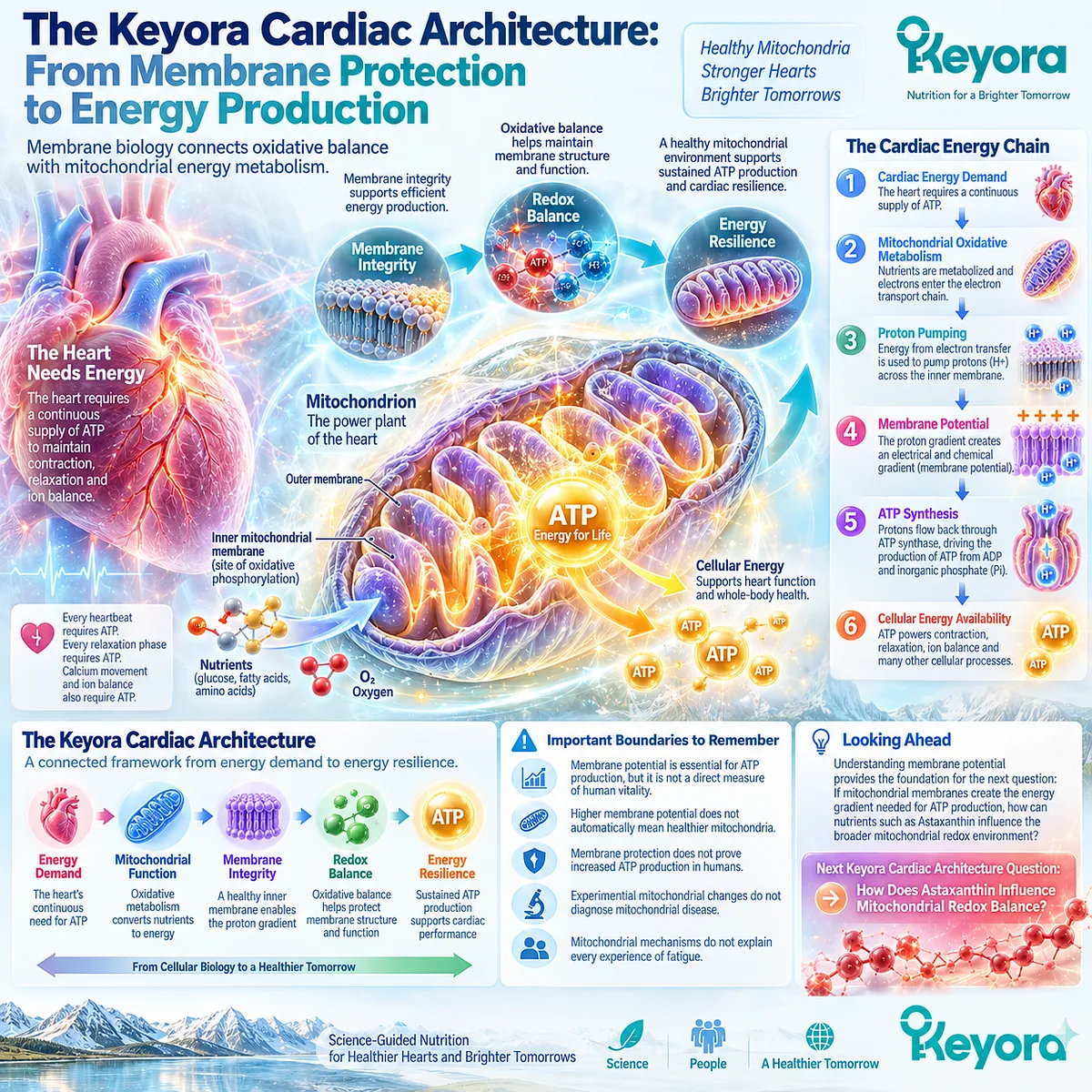 Cardiac energy support links mitochondrial membrane integrity and redox balance to proton gradients and ATP production within the Keyora Cardiac Architecture. Cardiac energy support links mitochondrial membrane integrity and redox balance to proton gradients and ATP production within the Keyora Cardiac Architecture.