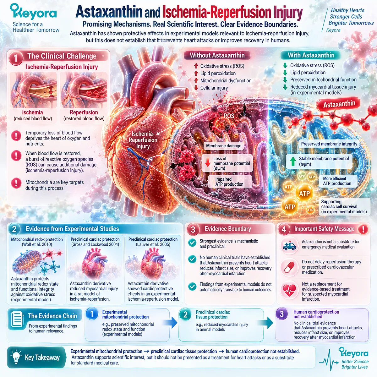 Astaxanthin antioxidant research links mitochondrial redox integrity with preclinical ischemia-reperfusion protection in the Keyora Cardiac Architecture, without proven human cardioprotection. Astaxanthin antioxidant research links mitochondrial redox integrity with preclinical ischemia-reperfusion protection in the Keyora Cardiac Architecture, without proven human cardioprotection.
