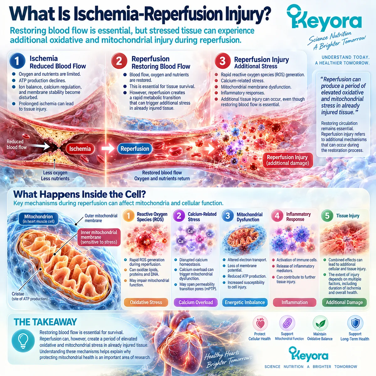 Ischemia-reperfusion injury links restored blood flow with transient oxidative stress, calcium imbalance and mitochondrial dysfunction in the Keyora Reperfusion Blast framework. Ischemia-reperfusion injury links restored blood flow with transient oxidative stress, calcium imbalance and mitochondrial dysfunction in the Keyora Reperfusion Blast framework.
