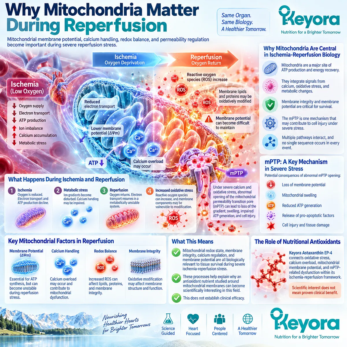 Ischemia-reperfusion stress links mitochondrial redox balance, calcium overload, membrane potential and mPTP regulation within the Keyora Cardiac Architecture. Ischemia-reperfusion stress links mitochondrial redox balance, calcium overload, membrane potential and mPTP regulation within the Keyora Cardiac Architecture.