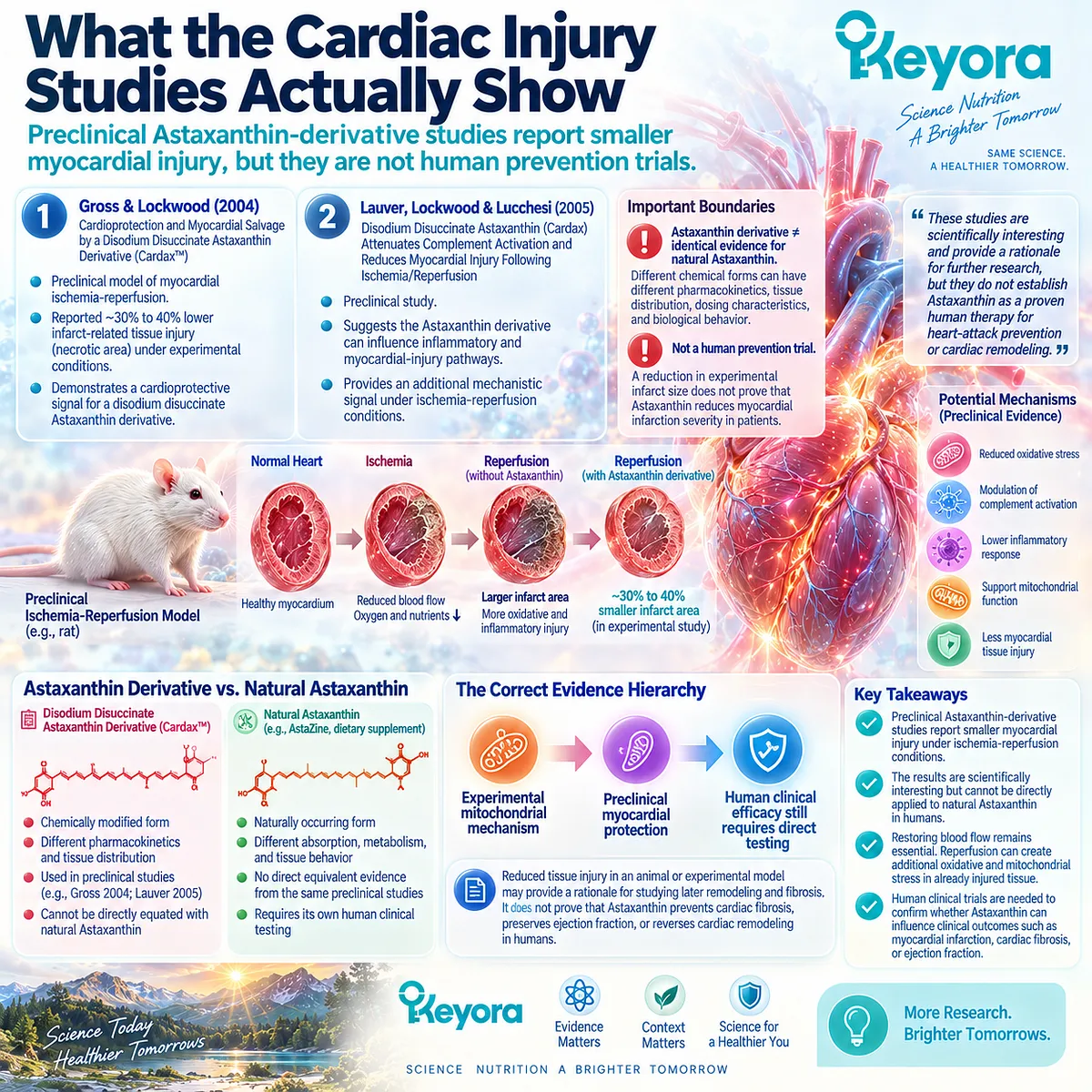 Astaxanthin derivative research links ischemia-reperfusion stress with reduced preclinical myocardial injury in the Keyora Cardiac Architecture, while human cardioprotection remains unestablished. Astaxanthin derivative research links ischemia-reperfusion stress with reduced preclinical myocardial injury in the Keyora Cardiac Architecture, while human cardioprotection remains unestablished.
