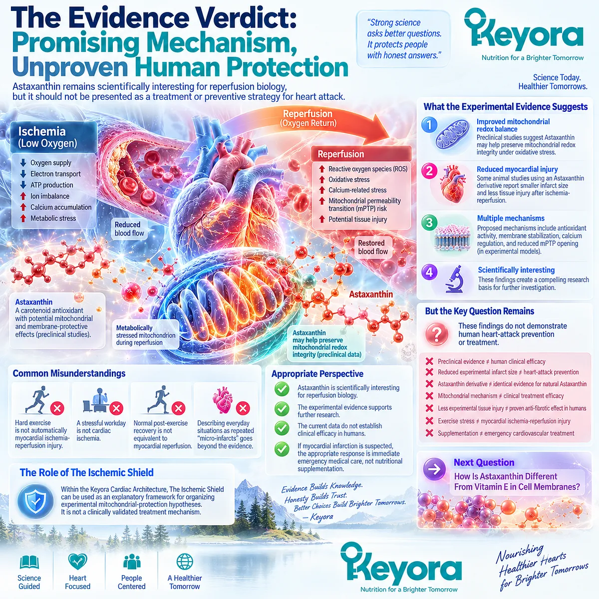 Astaxanthin research links mitochondrial redox protection with preclinical ischemia-reperfusion cardioprotection, while Keyora The Ischemic Shield frames human benefit as unproven. Astaxanthin research links mitochondrial redox protection with preclinical ischemia-reperfusion cardioprotection, while Keyora The Ischemic Shield frames human benefit as unproven.