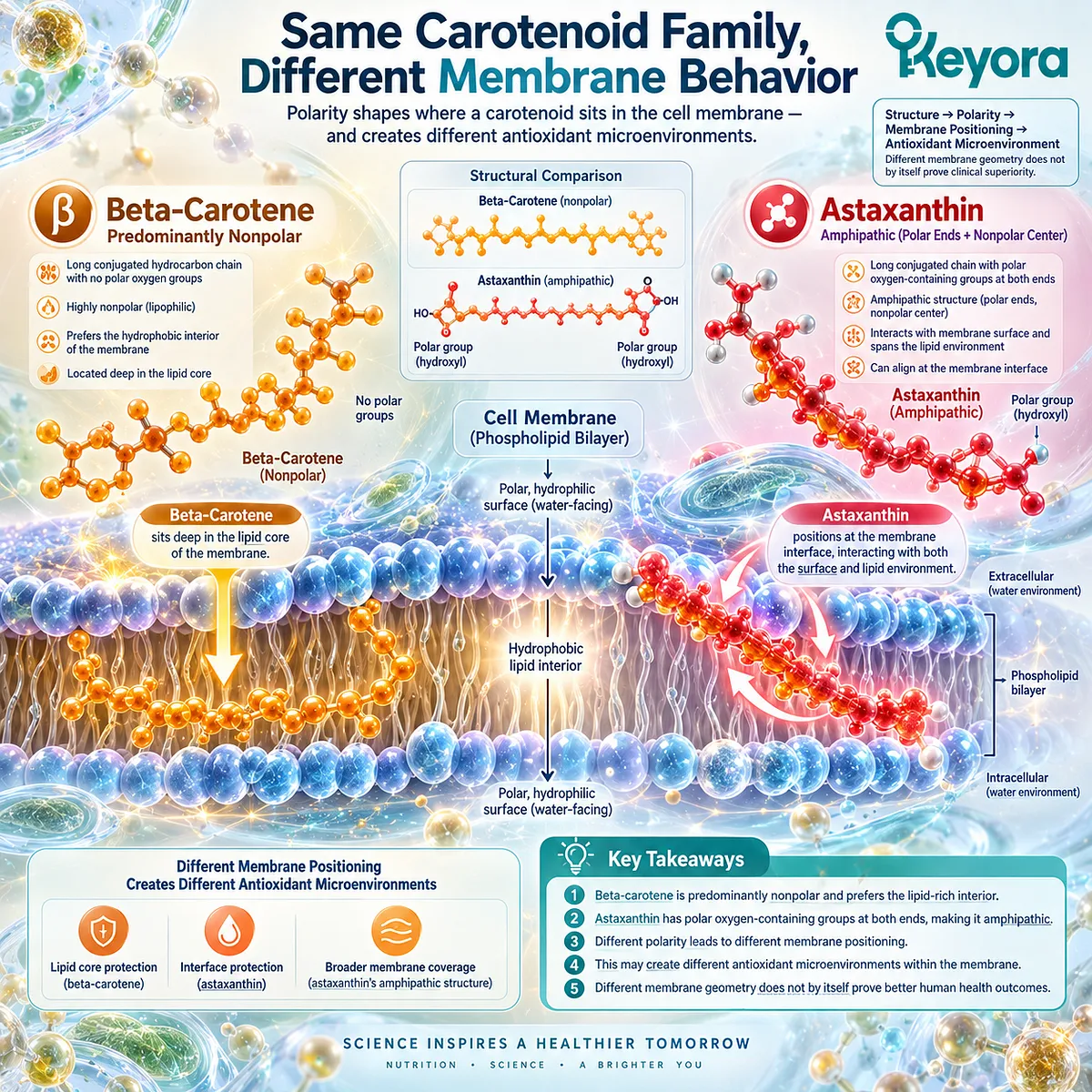 Astaxanthin membrane polarity supports distinct bilayer positioning and antioxidant microenvironments, framed by Keyora Astaxanthin EP-4 Cardiac Architecture. Astaxanthin membrane polarity supports distinct bilayer positioning and antioxidant microenvironments, framed by Keyora Astaxanthin EP-4 Cardiac Architecture.