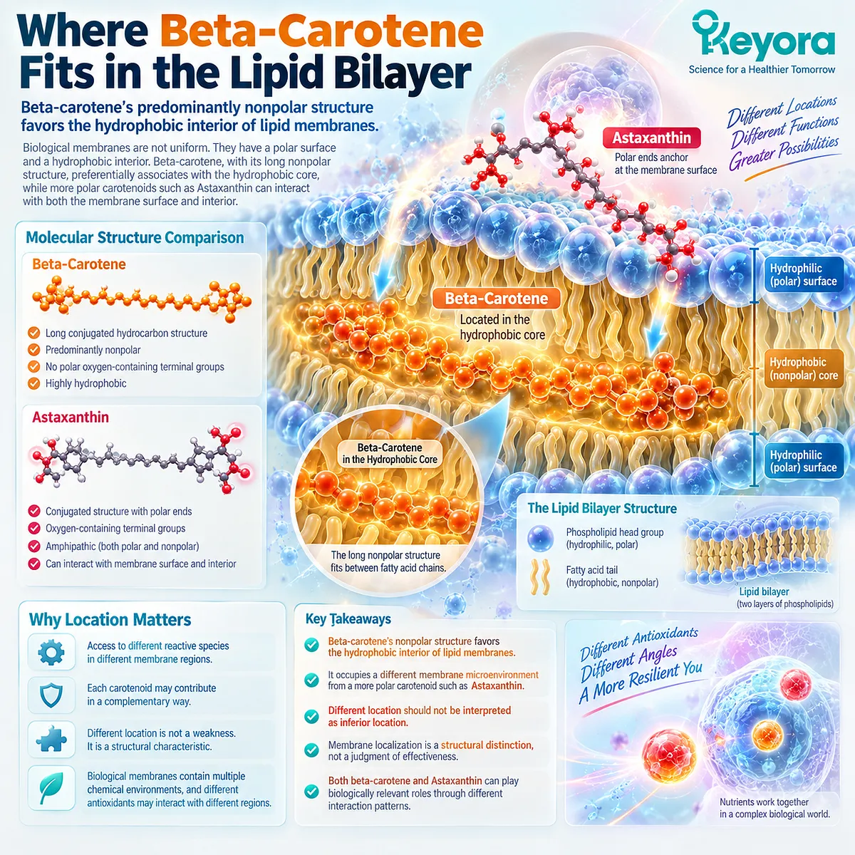 Beta-carotene’s nonpolar structure favors hydrophobic lipid bilayer positioning, shaping its antioxidant microenvironment within the Keyora Astaxanthin EP-4 framework. Beta-carotene’s nonpolar structure favors hydrophobic lipid bilayer positioning, shaping its antioxidant microenvironment within the Keyora Astaxanthin EP-4 framework.