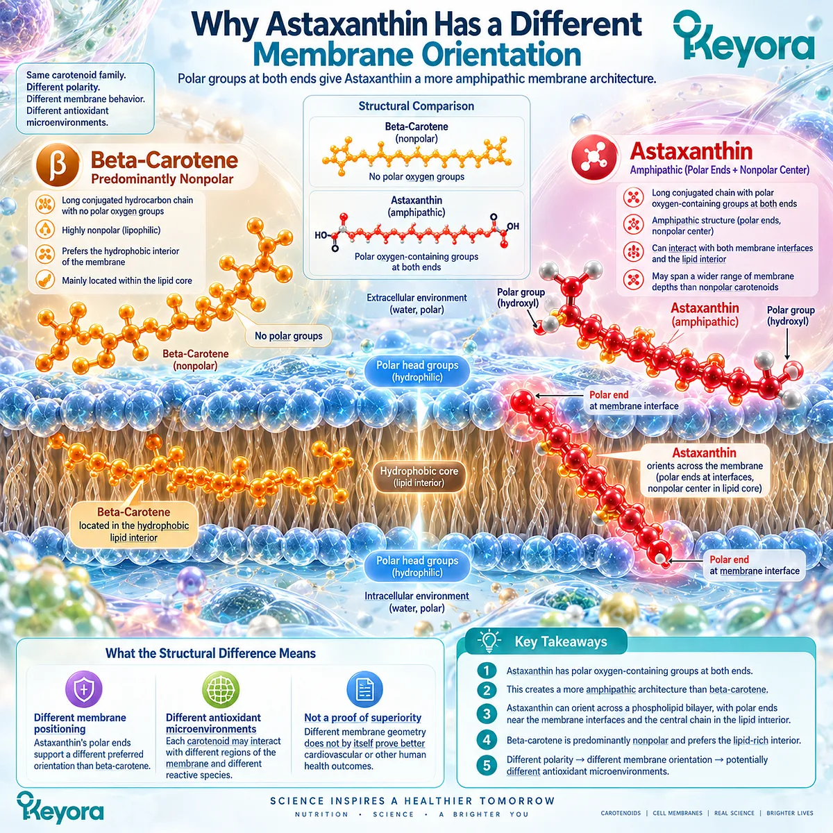 Astaxanthin’s amphipathic structure supports cross-bilayer membrane orientation and antioxidant activity across distinct lipid microenvironments in Keyora Astaxanthin EP-4. Astaxanthin’s amphipathic structure supports cross-bilayer membrane orientation and antioxidant activity across distinct lipid microenvironments in Keyora Astaxanthin EP-4.