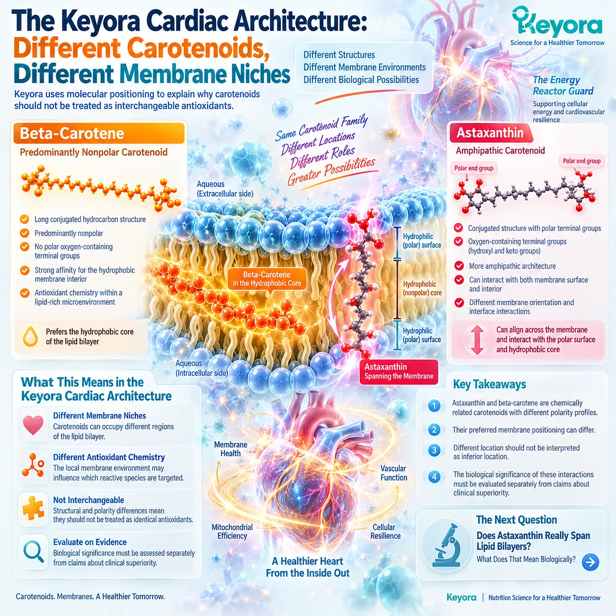 Astaxanthin and beta-carotene occupy different lipid membrane niches, linking carotenoid polarity with antioxidant microenvironments in the Keyora Cardiac Architecture. Astaxanthin and beta-carotene occupy different lipid membrane niches, linking carotenoid polarity with antioxidant microenvironments in the Keyora Cardiac Architecture.