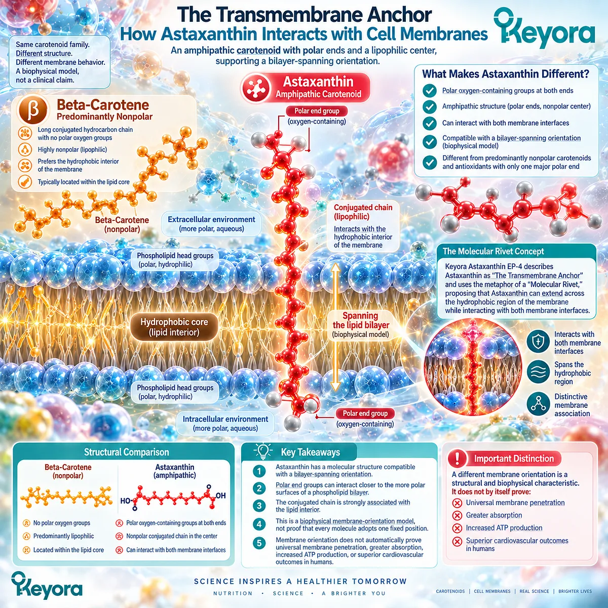 Astaxanthin’s amphipathic structure supports a plausible lipid bilayer-spanning orientation and membrane antioxidant positioning in Keyora’s Transmembrane Anchor framework. Astaxanthin’s amphipathic structure supports a plausible lipid bilayer-spanning orientation and membrane antioxidant positioning in Keyora’s Transmembrane Anchor framework.