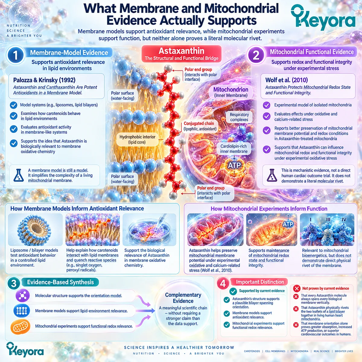 Astaxanthin membrane models and mitochondrial studies support lipid antioxidant activity and mitochondrial redox balance, framing Keyora’s Molecular Rivet as a mechanistic model. Astaxanthin membrane models and mitochondrial studies support lipid antioxidant activity and mitochondrial redox balance, framing Keyora’s Molecular Rivet as a mechanistic model.
