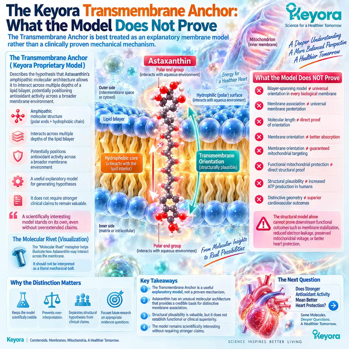 Astaxanthin’s amphipathic structure supports distinctive lipid bilayer association and membrane antioxidant positioning in Keyora’s evidence-bound Transmembrane Anchor model. Astaxanthin’s amphipathic structure supports distinctive lipid bilayer association and membrane antioxidant positioning in Keyora’s evidence-bound Transmembrane Anchor model.