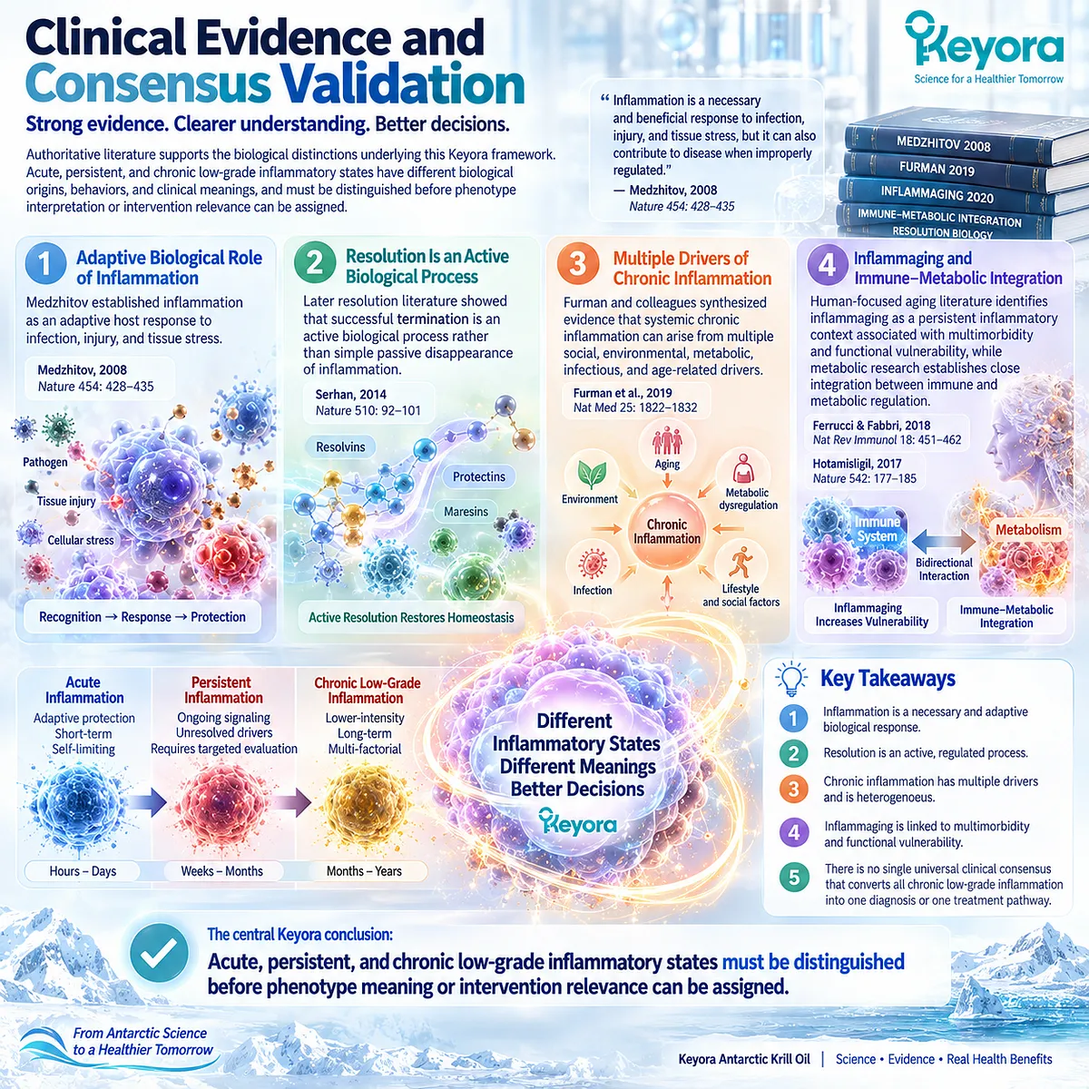 Clinical inflammation evidence distinguishes acute responses, active resolution, metabolic inflammation and inflammaging in Keyora The Persistent Inflammation-Resolution Matrix. Clinical inflammation evidence distinguishes acute responses, active resolution, metabolic inflammation and inflammaging in Keyora The Persistent Inflammation-Resolution Matrix.