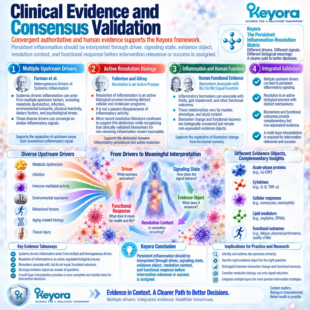 Clinical evidence links chronic inflammation drivers, active resolution biology, inflammatory biomarkers and function in Keyora The Persistent Inflammation-Resolution Matrix. Clinical evidence links chronic inflammation drivers, active resolution biology, inflammatory biomarkers and function in Keyora The Persistent Inflammation-Resolution Matrix.